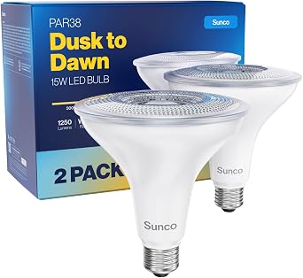 Sunco 2 Pack PAR38 LED Flood Light Bulb, Dusk to Dawn, E26, 15W=120W