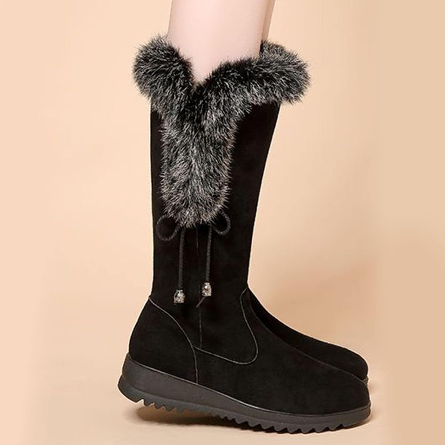 Women's Soft Warm Fur Lining Casual Long Boots, Women's Mid Calf Winter Boot Warm Winter Boots for Women Suede Fur Lined Non Slip Shoes with Zipper
