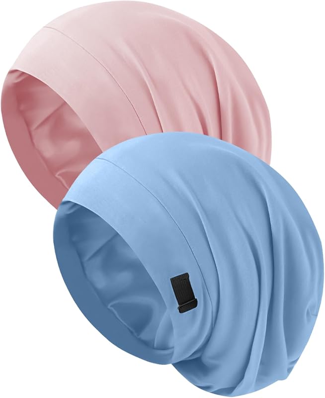 ZHENSILK Touca de cetim ajustável para dormir, com forro acetinado e acabamento externo em algodão modal, Pacote com 2