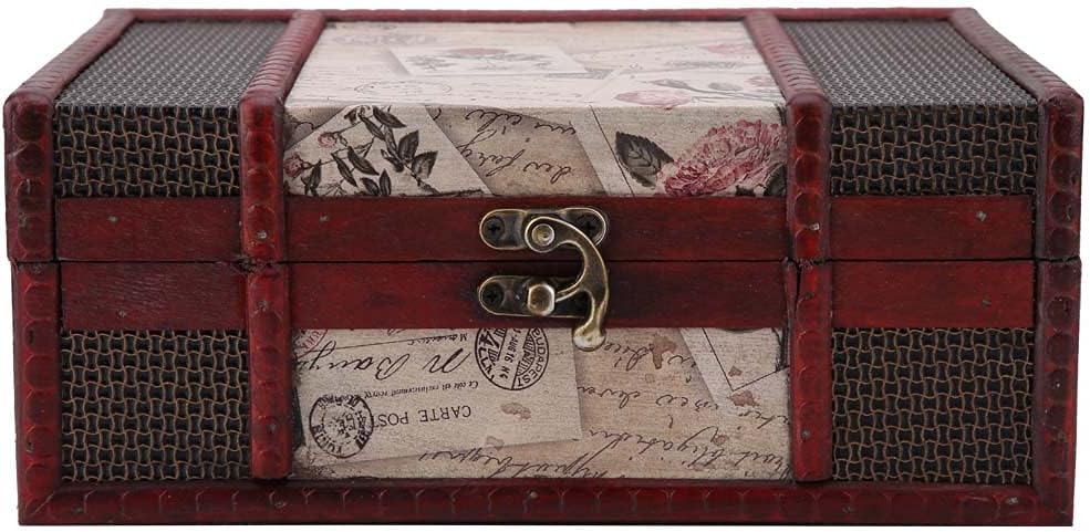 Wooden Treasure Chest Box, Vintage Jewelry Trinket Storage Box Handmade Decorative Keepsake Box for Home Decor, Cards Coin Collection(Stamp)