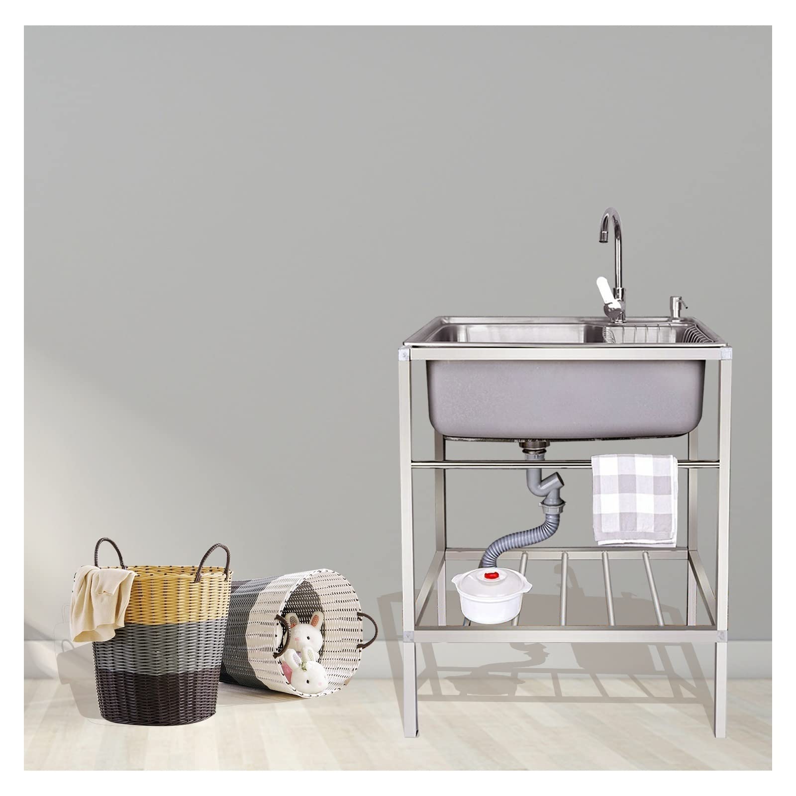 Évier de cuisine portable en acier inoxydable 304 durable avec robinet intégré