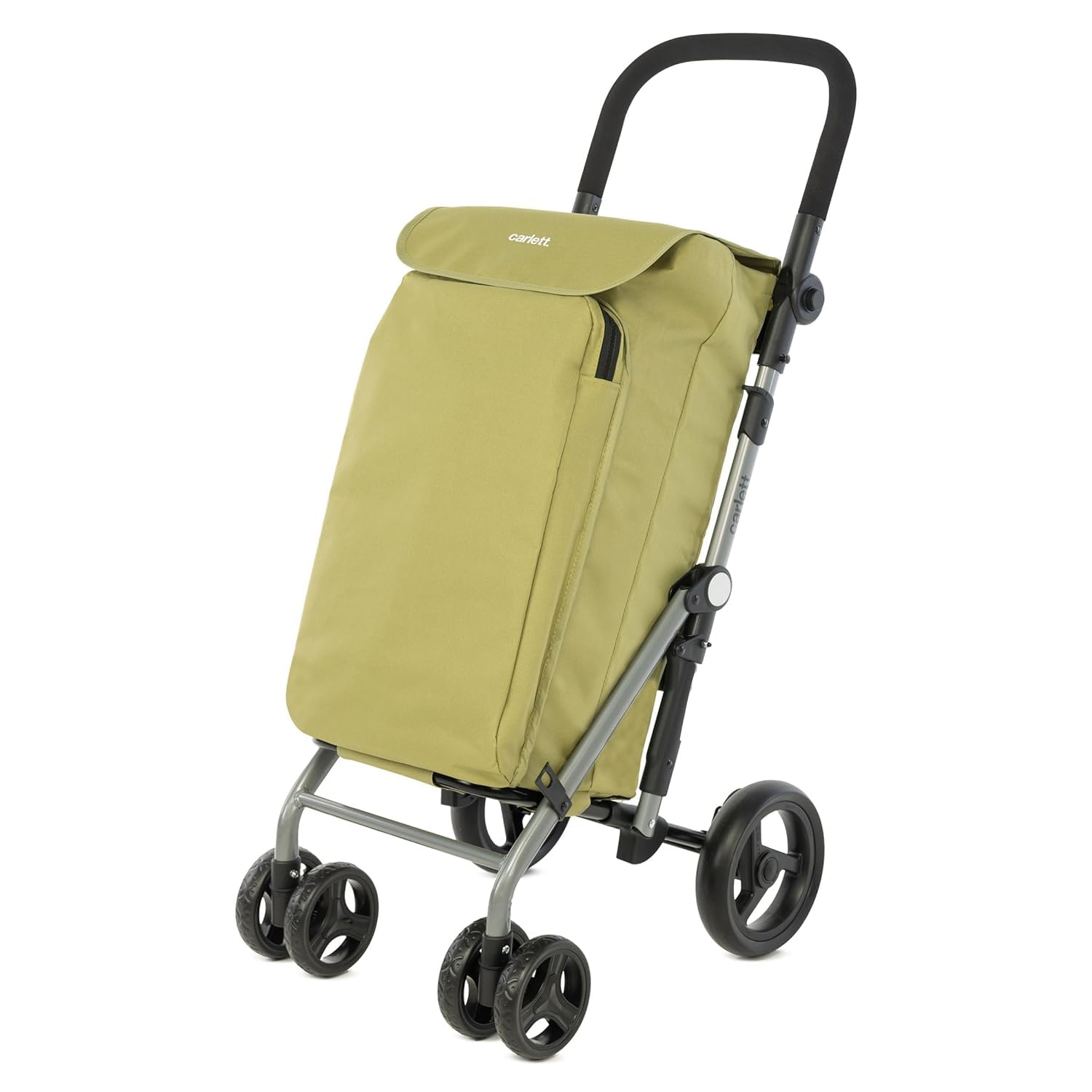 Carlett Chariot de Courses 4 Roues Pliable avec Sac Amovible 48 L / 25 kg et Sac Isotherme 10 L, Poignée Réglable, Frein de Sécurité, Convertible en 2 Roues, Léger, Lite Duo, Verte