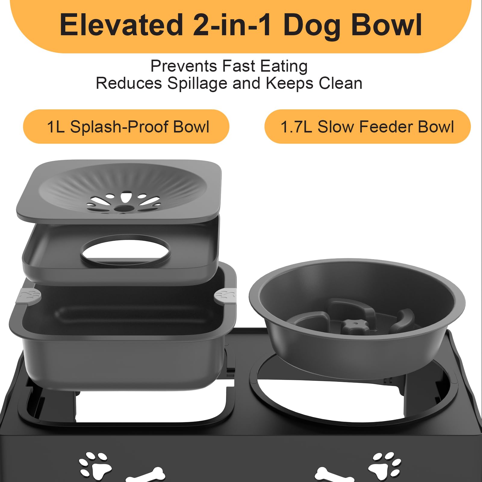Gamelles surélevées pour chien avec gamelle d'alimentation lente et bol d'eau anti-déversement, 5 supports réglables en hauteur 8,2 cm/22 cm/25 cm/28 cm/31 cm pour chiens de petite, moyenne