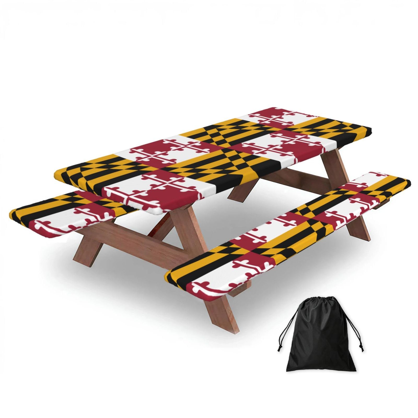 Duwaa Black Maryland State Flag Print 183Cm Picnic Table Cover With Bench Covers, Waterproof Elastic Tablecloth Set For Outdoor