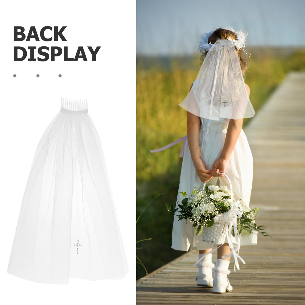 FRCOLOR Girls First Communion Veil with Cross Hair Comb White Tulle Flower Girl Veil for Wedding Party and Baptism Hair Accessories for Toddlers - Image 3