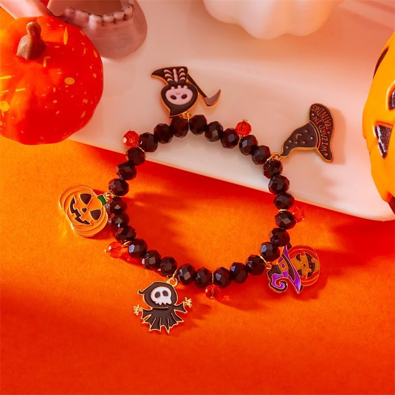 Halloween Enamel Pumpkin Bracelet Crystal Beads Witchy Hat Skull Jewelry Festival Charms for Women Statement Accessories Gifts - Image 6