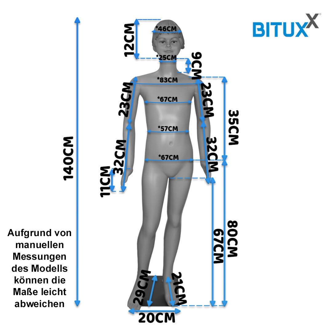 BITUXX Schaufensterpuppe Weiblich Mädchen Schaufensterfigur Mannequin Schneiderpuppe 360° beweglich 140cm