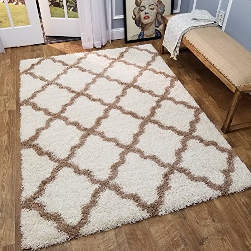 Maxy Home Shag Area Rug, New Moroccan Trellis Ivory, Everyday Use, 5' X 7' (60 Inch X 84 Inch) #TOP1