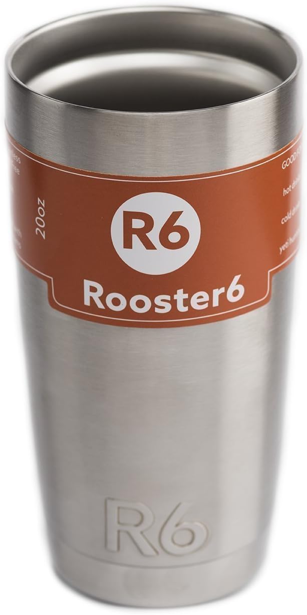 Rooster6 Stainless Steel 20 Ounce Tumbler with Lid, BPA Free, Perfect for Coffee, Tea, Soda, and Smoothies. Keeps Ice Up to 24 Hours and Hot Drinks Up to Six Hours
