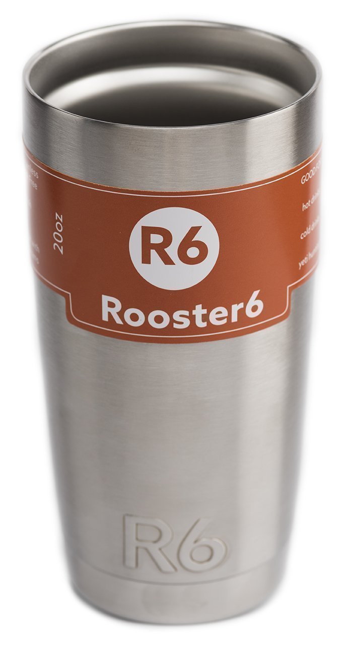 Rooster6 Stainless Steel 20 Ounce Tumbler with Lid, BPA Free, Perfect for Coffee, Tea, Soda, and Smoothies. Keeps Ice Up to 24 Hours and Hot Drinks Up to Six Hours