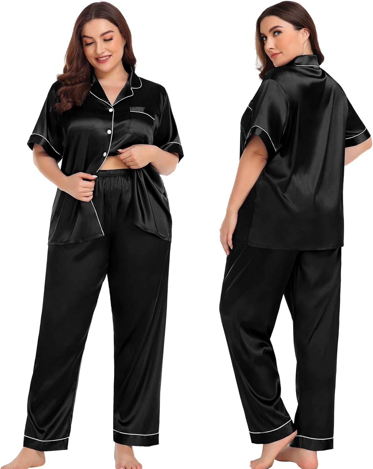 SWOMOG Women's Plus Size Pajamas Silk Satin Pajama Set Short Sleeve Shirt with Full-Length Pants Pjs Sleepwear Set 18W-26W - Image 3