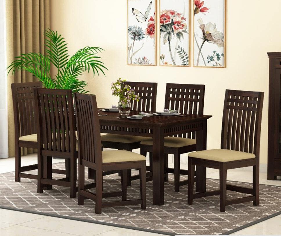 Image of Sheesham Wood 6 Seater Dining Table with Cushioned High Back Chairs for Living Room Home Dining Room Sets Furniture for Dinner Rooms (Mahoghany Finish)