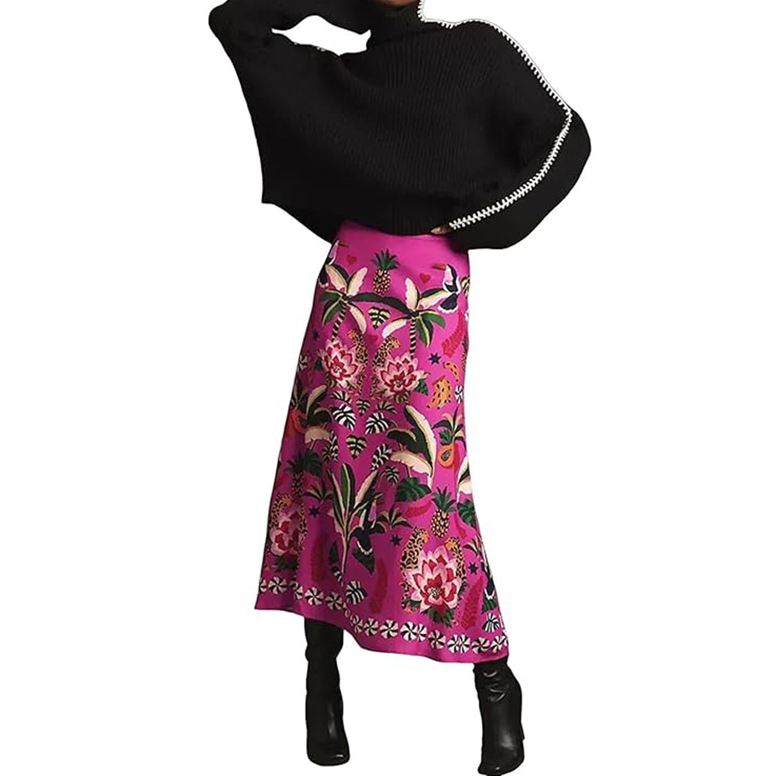 Gonna midi da donna in raso con stampa tropicale floreale con cerniera a trapezio primavera estate boho gonna da viaggio, Rosso rosato, XX-Large