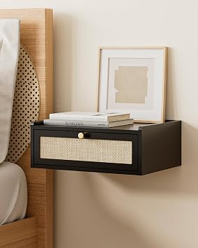 Floating Night Stand, Wall Mounted Night Stand with Drawer, Small Floating Shelf, Floating Wood Bedside Table for Bedroom, Living Room, Bathroom Bohemian, Black