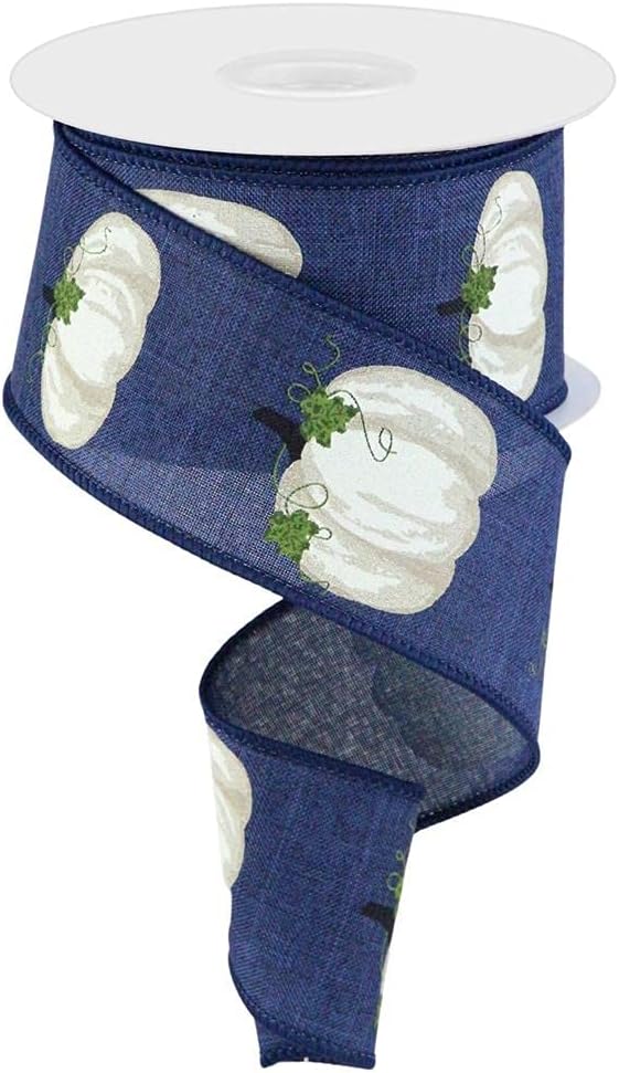 Pumpkins with Leaves on Canvas Wired Edge Ribbon, 10 Yards (Navy, Cream, Beige, Brown, Moss, 2.5 Inch)