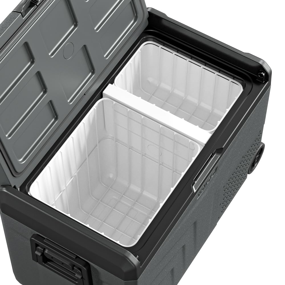 Yolco TCX50 Carbon kompresorowa lodówka podróżna 50 l + akumulator – Dual Zone, -20°C, 12/24 V i 230 V, aplikacja Bluetooth, lodówka i zamrażarka z rolkami, na kemping i w podróży