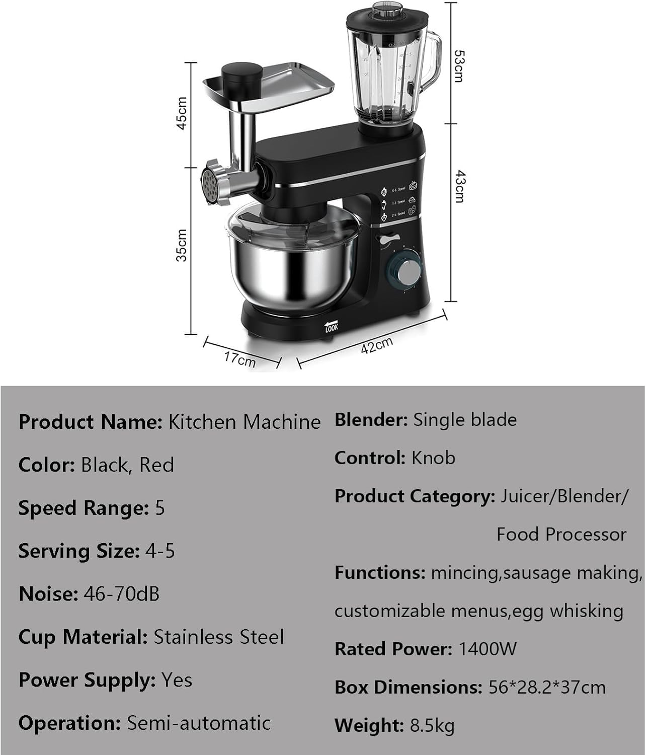 Wielofunkcyjny elektryczny mikser kuchenny, blender, młynek do mięsa, szklany słoik, młynek do mięsa, hak do ciasta, trzepaczka, blender do soku (czerwony)