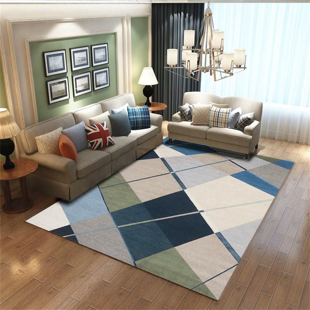 Tapis de salon bleu 100x200cm rectangulaire moderne et lavable