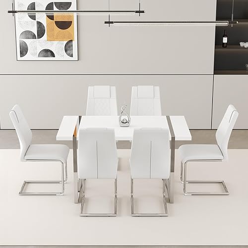 Miniatura 7 de Juego de mesa de comedor moderno de 55 pulgadas para 6, superficie de mesa blanca y estructura de metal plateado, mesa rectangular para comedor
