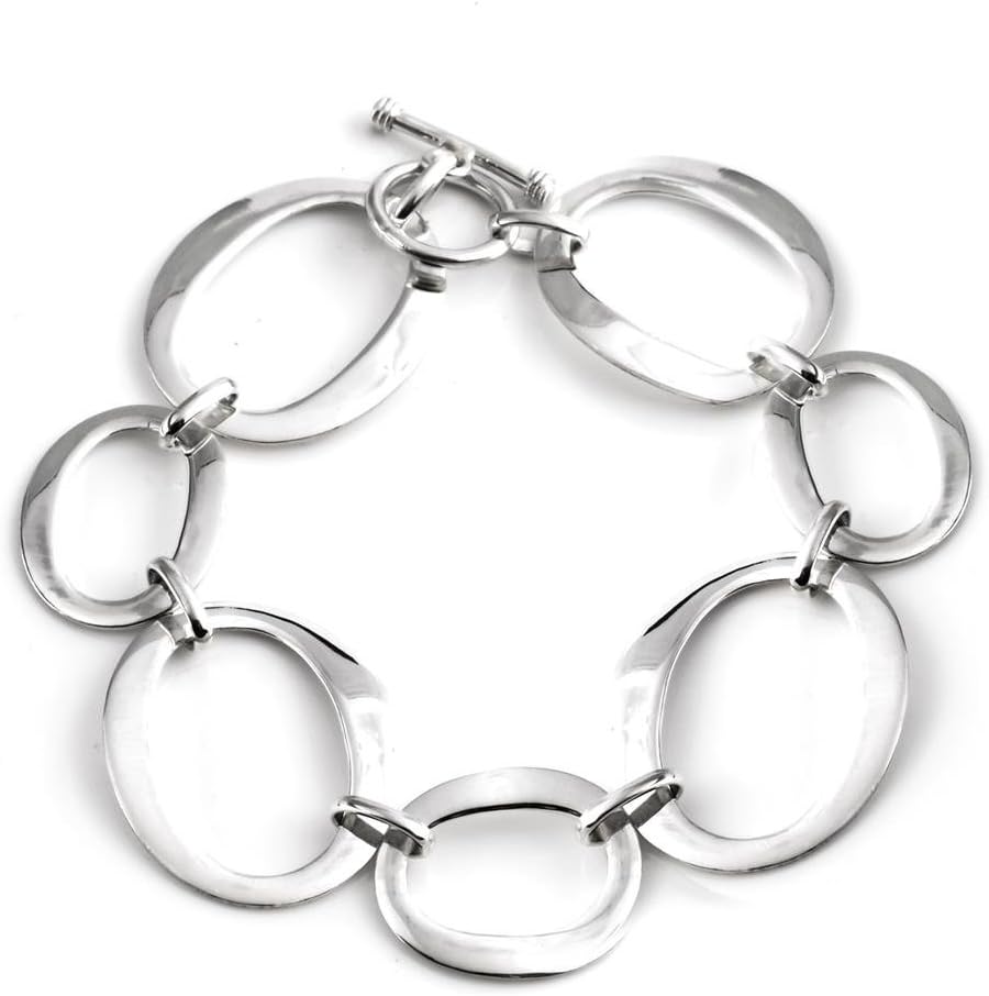 Silverly Women's 925 Sterling Silver Flat Open Oval Link Bracelet With Toggle Clasp 19.5 cm - Lightweight T-Bar Bracelet for Women - Modern Statement Jewelry - Extra Wide Chain Design