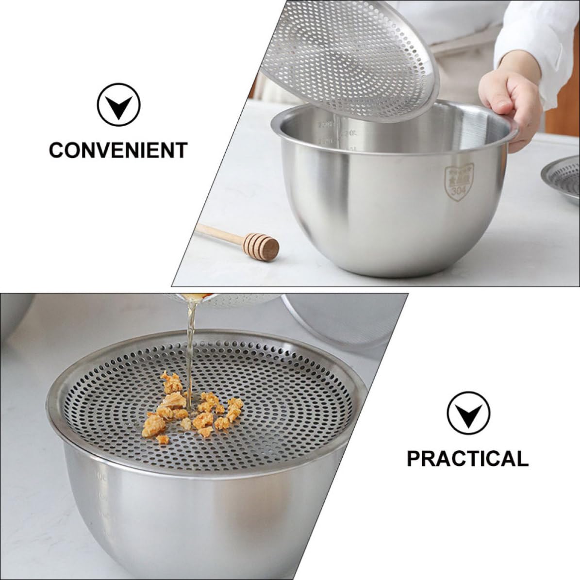 Juego de Colador y Tazón de Acero Inoxidable Plata para Verduras y Huevos | Base Plana, Diseño Antideslizante, Uso Doméstico, Práctico y Multifuncional
