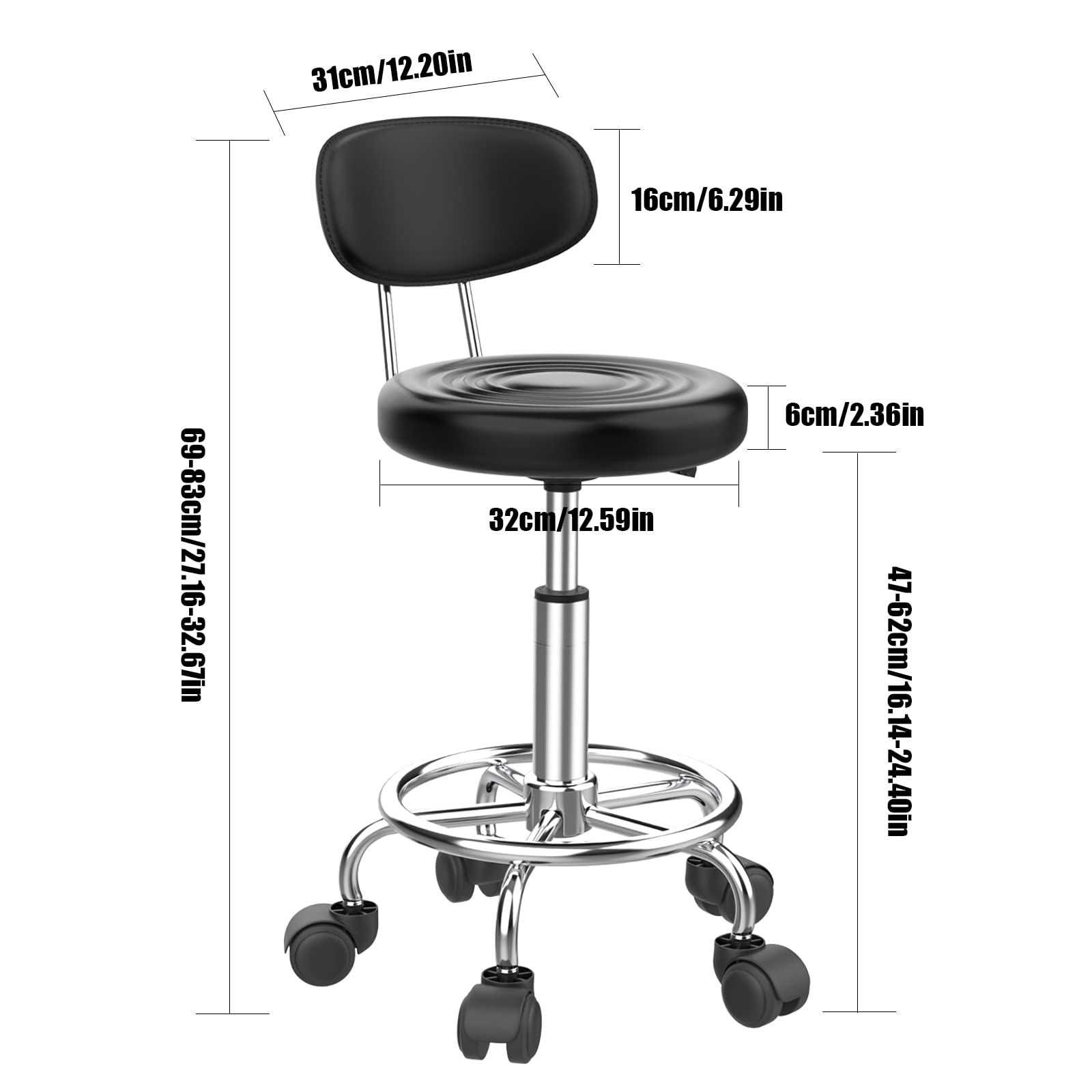 PIPIPOXER Lot de 2 Tabourets de Bureau avec Dossier, Pivotant 360°, Réglable en Hauteur 47-61,5 cm, Ergonomique, Noir