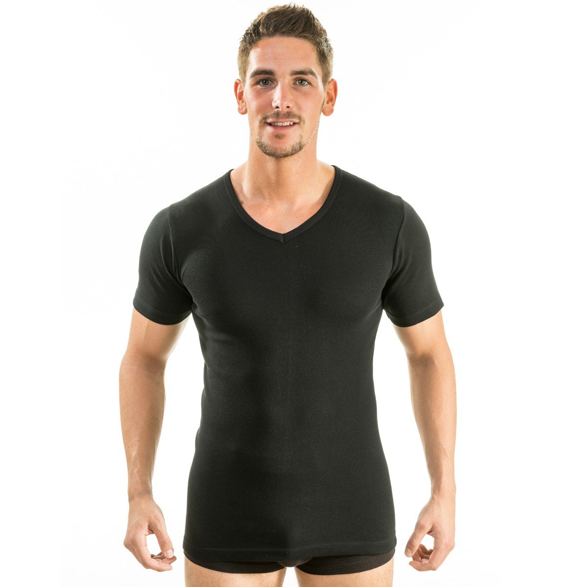 HERMO 4880 Lot de 3 Business Shirt Homme à Manche Courte avec col V, Maillot de Corps Demi-Manche en 100% Coton Biologique