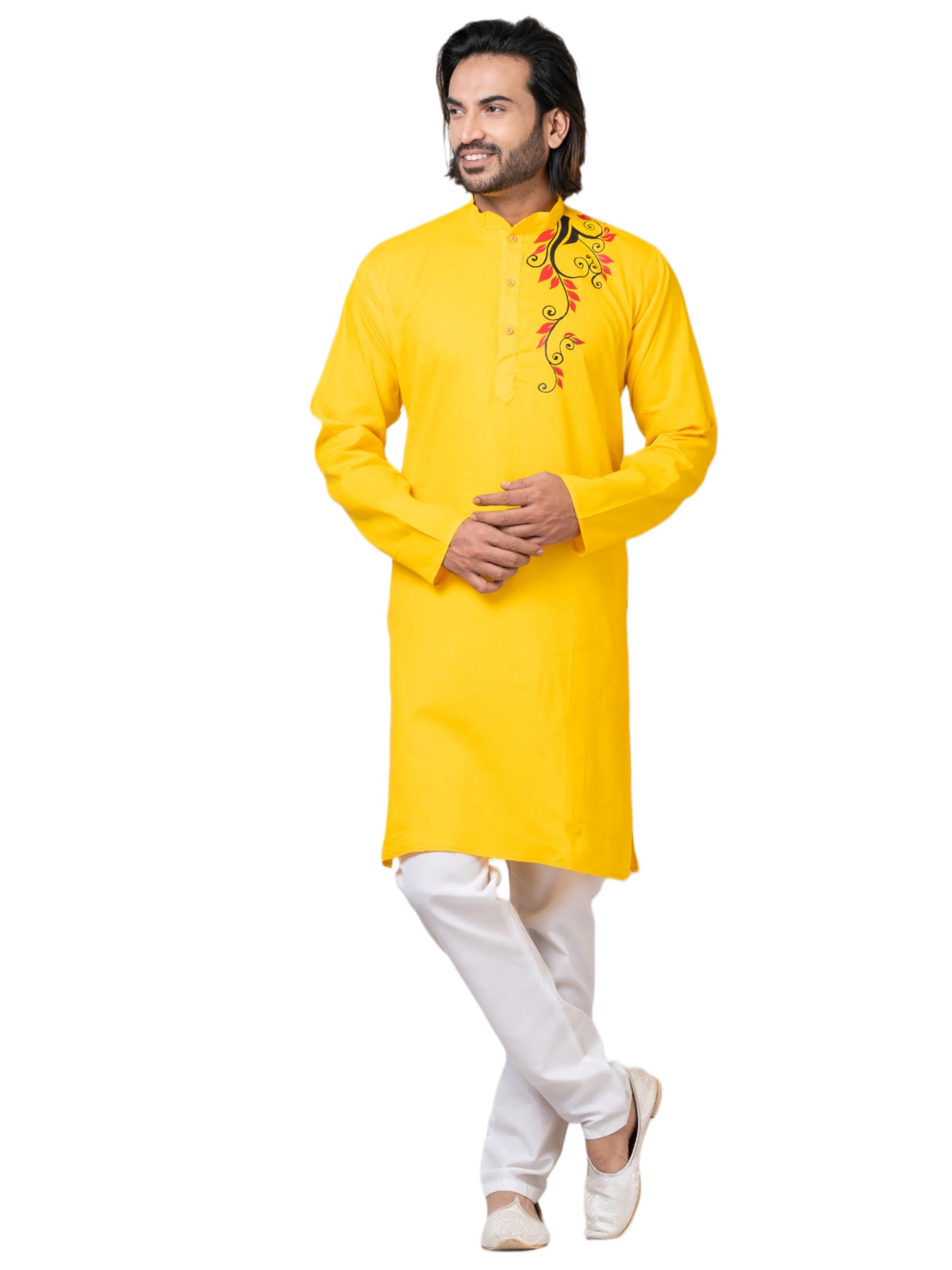 Shantiniketan Kanthastitch Cotton Kurta, Yellow with Floral Embroidery, Mandarin Collar, Full Sleeves-picture-17