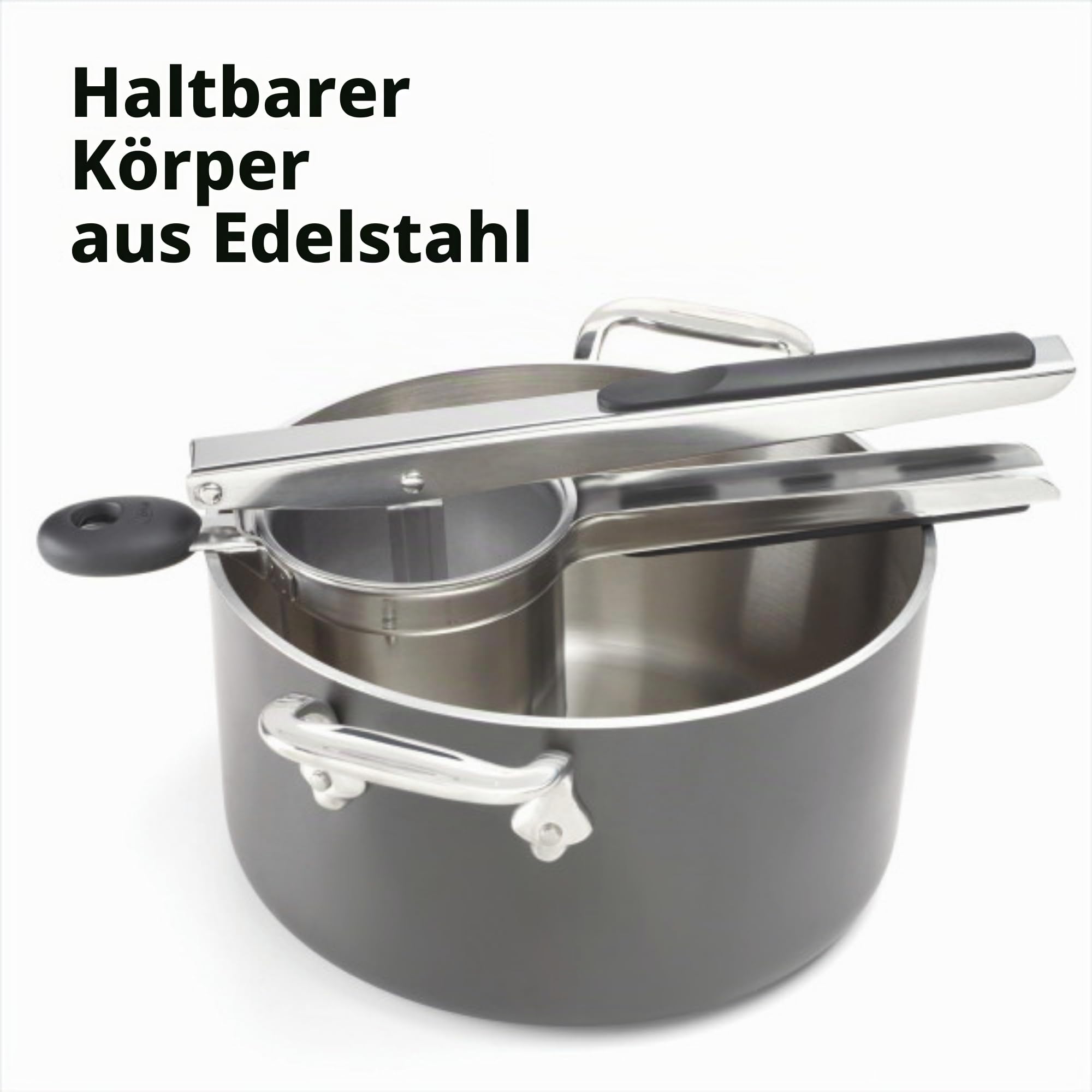 OXO Good Grips Kartoffelpresse | Edelstahl-Presse für glatte, fluffige Kartoffelpüree, Weiche, rutschfeste Griffe, Stabiles Design, Spülmaschinenfest