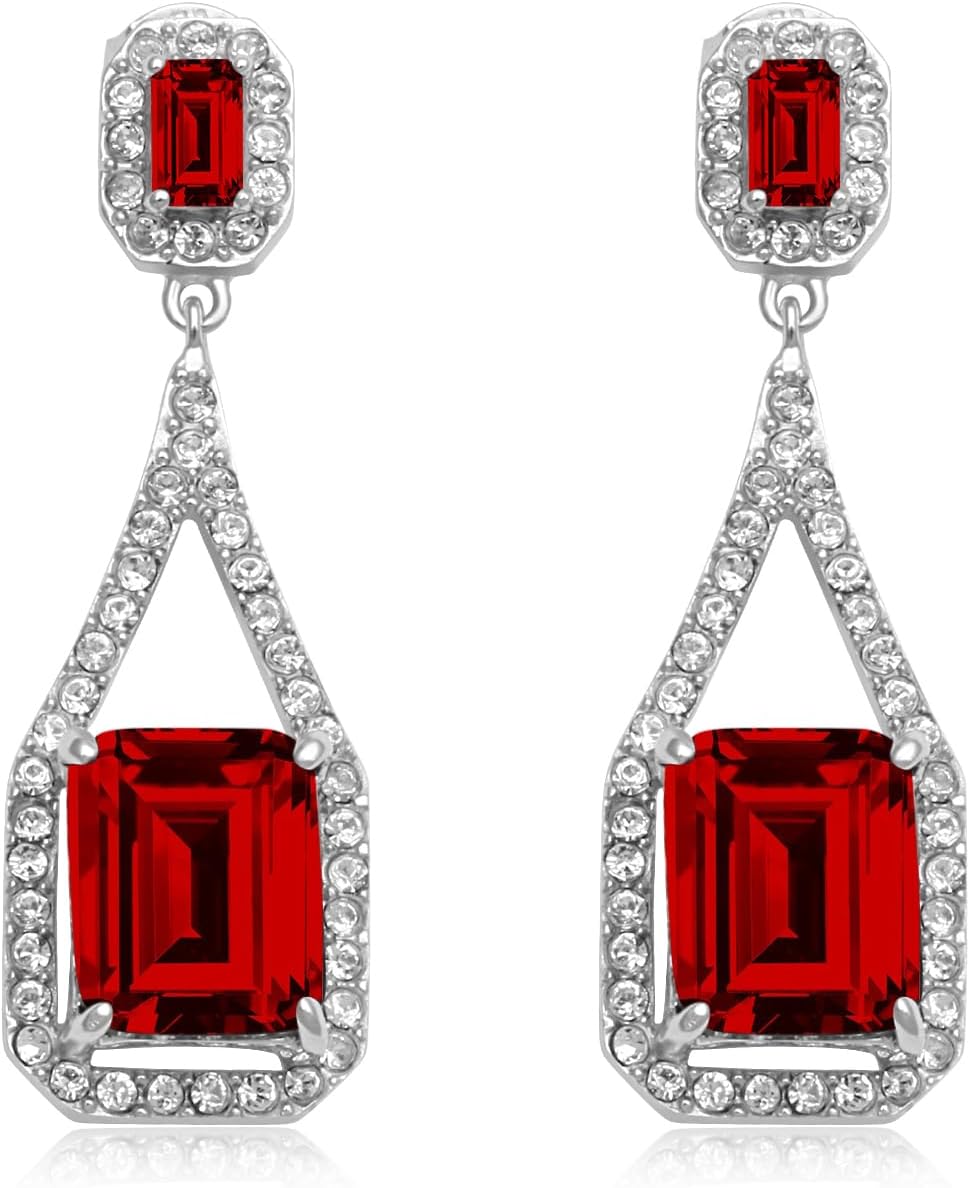Jewelili Sterling Silver Octagon Simulated Ruby and Round White Clear Crystal Dangle Earrings