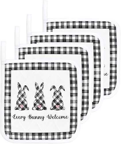 Miniatura 5 de Paquete de 2 soportes para ollas para cocina, conejito de primavera, negro, blanco, búfalo, celosía, rosa, amor, Pascua, a prueba de calor