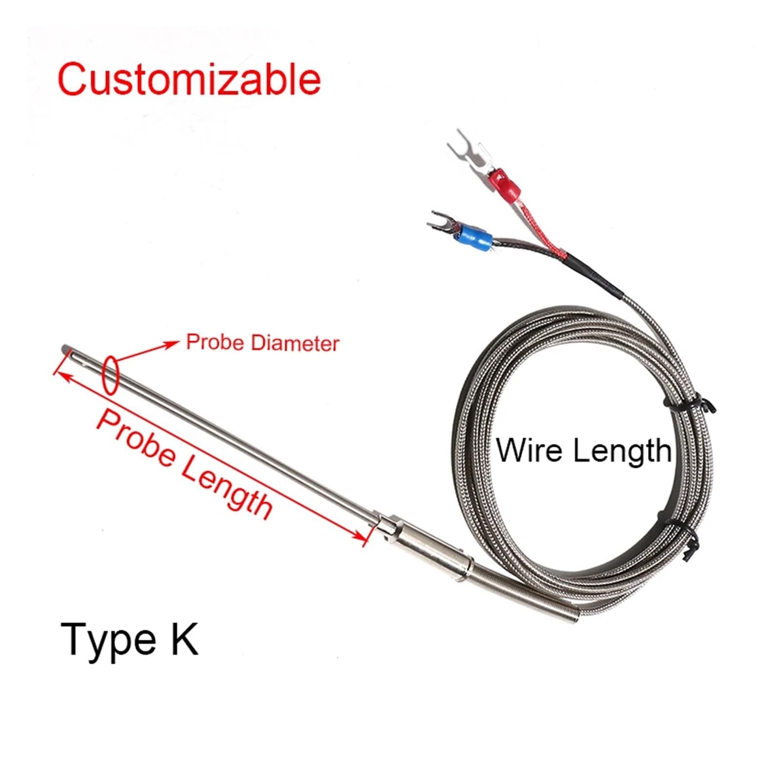 Termopar blindado tipo K de 1,5 M - WRNK-191, trenza acero inoxidable, sonda flexible (1 unidad)