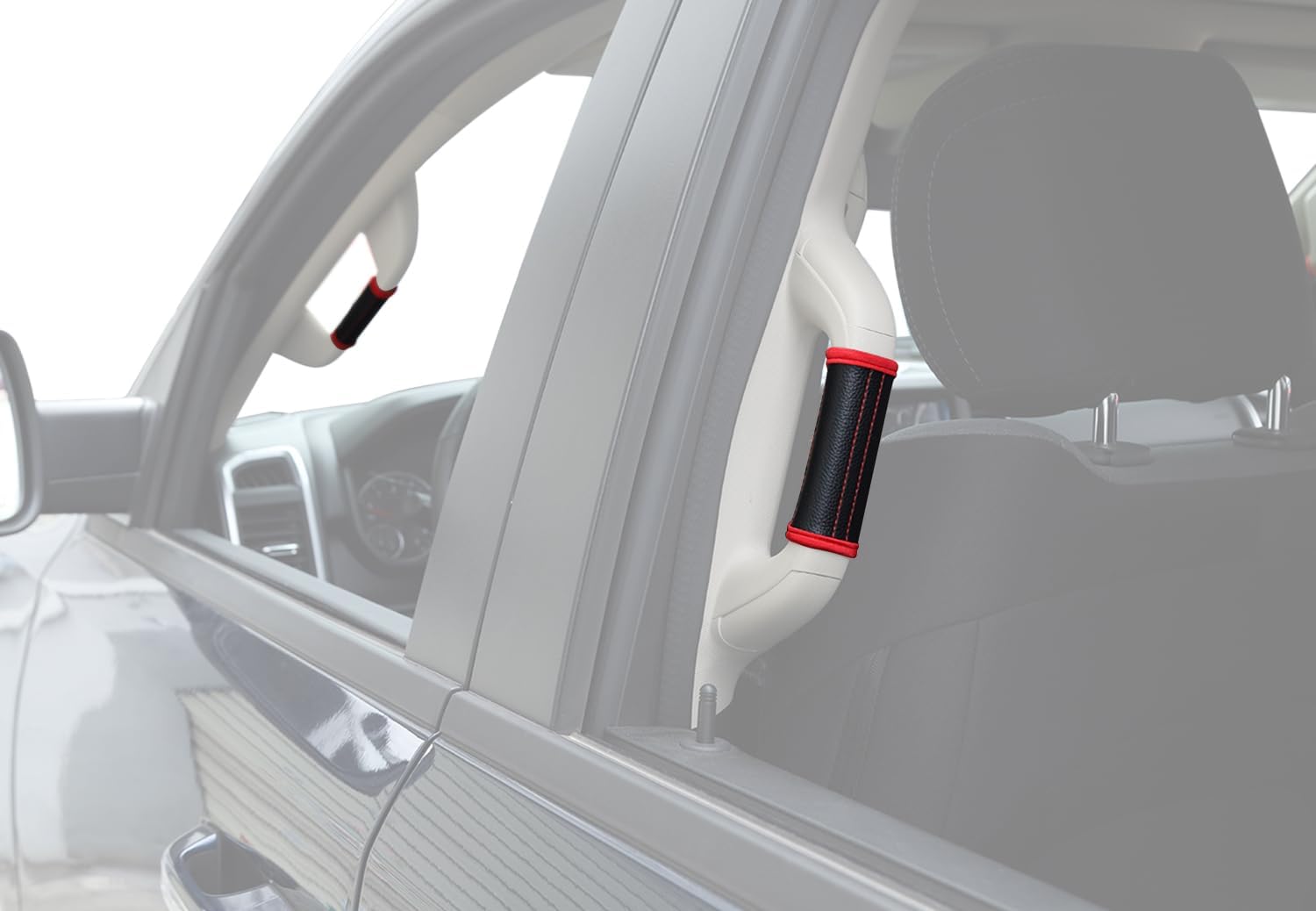4-Pack Door Grab Bar Handle Covers Roof Top Grab Bar Protector Pad Mat Compatible with 2018-2025 Dodge RAM 1500 Car Interior Accessories (PU Leather, 11.5x9.5CM)