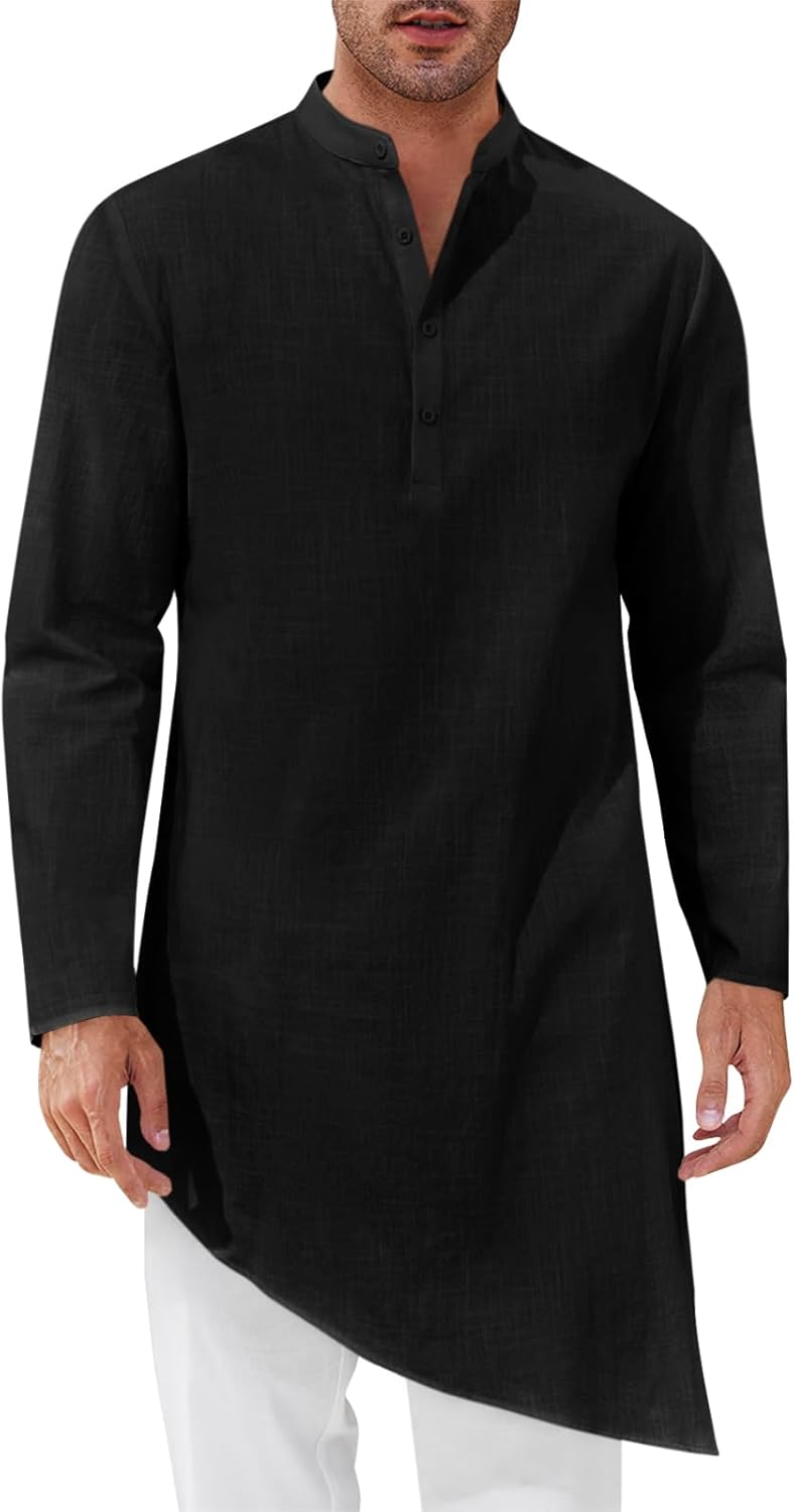 Runcati Mens Kaftan Robe Thobe Cotton Long Sleeve Henley Shirt Casual Muslim Gown Kurta Tops