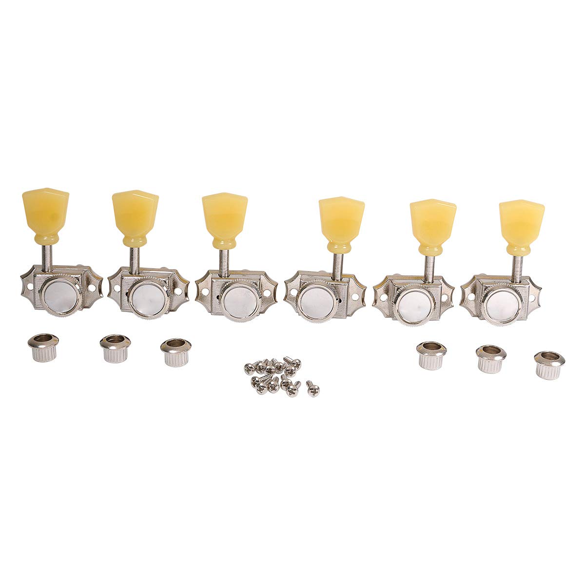 Musiclily Pro Vintage Hybrid Style Keystone Button 3L3R Guitar Locking Tuners Tuning Pegs Keys Machine Heads Set for Les Paul Style Electric or Acoustic Guitar, Nickel with Cream Button