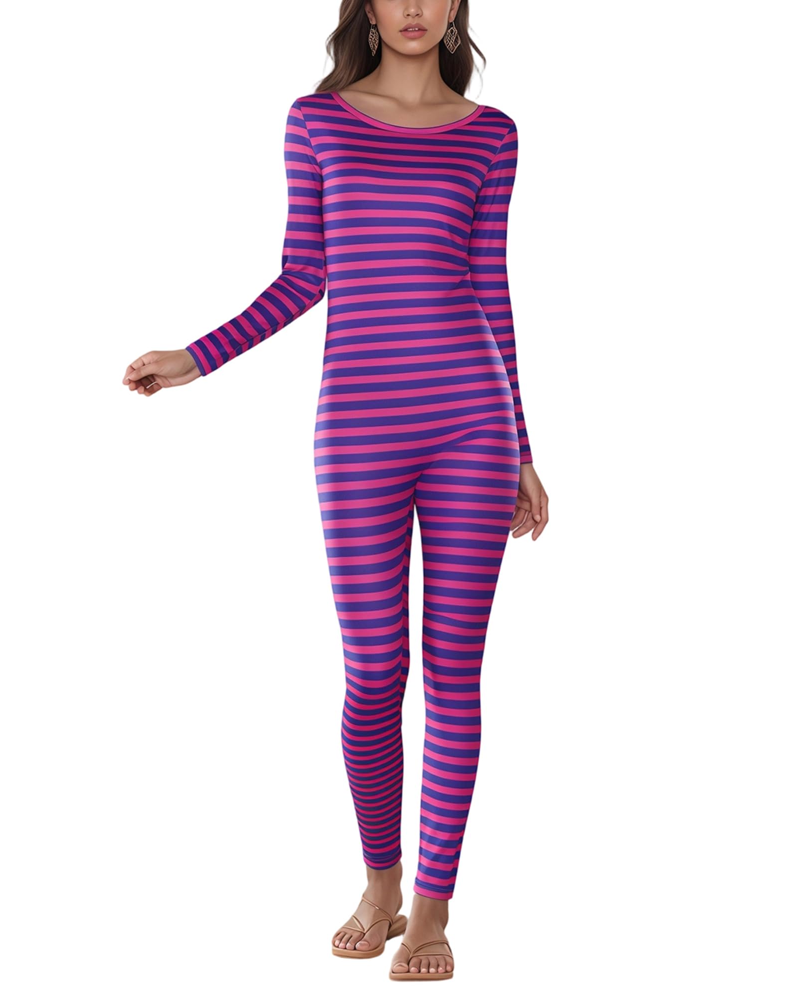 SANSIWU Women Cheshire Cat Costume Striped Long Sleeve Halloween Costume Skinny Carnival Cosplay Jumpsuit Theme Party Clubwear (Fuchsia, L)