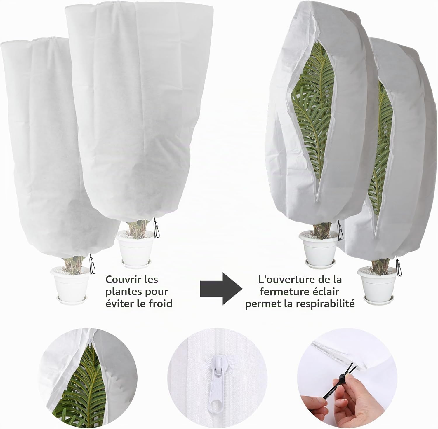 Lot de 6 housses de protection contre le gel pour plantes d'hiver – 120 x 80 cm – Sacs de jardin en polaire – Couverture en tissu anti-gel résistant aux déchirures veste en polaire avec fermeture