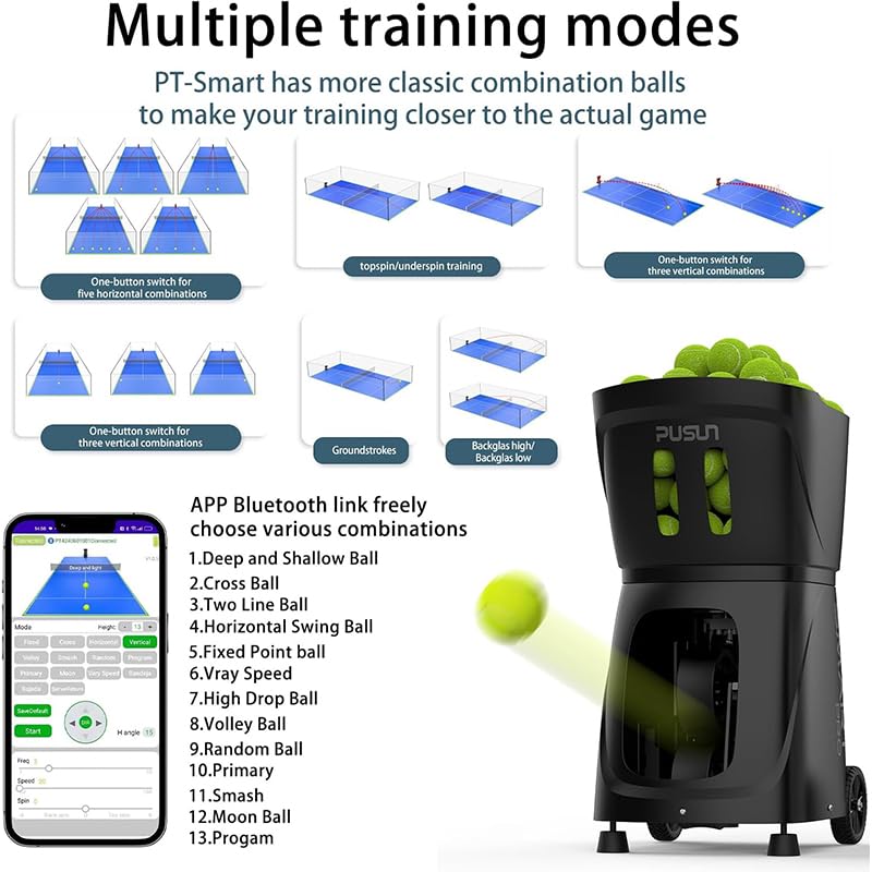 PUSUN PT Smart Pro - Macchina portatile per palline da padel con 110+palline con batteria 4-6H, portata 26 m, app/telecomando | Velocità di avanzamento regolabile e angolo di servizio | Pro Training