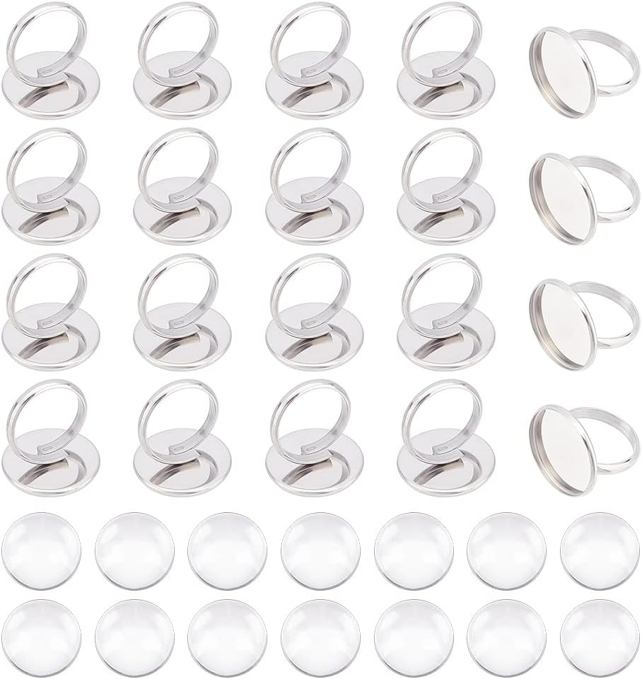 UNICRAFTALE 20 Sets Finger Ring Making, Flat Round Cabochon Rings Settings, Finger Ring Base with Transparent Glass Cabochon(20mm) for Women Men Ring Making