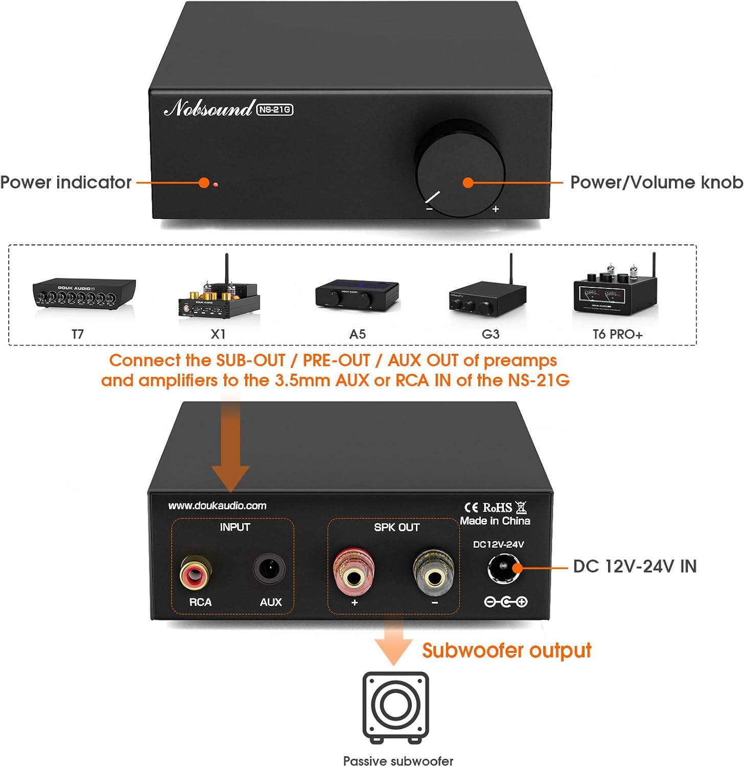 Diagram of the Nobsound NS-21G amplifier's front and rear panels with labeled controls and ports.
