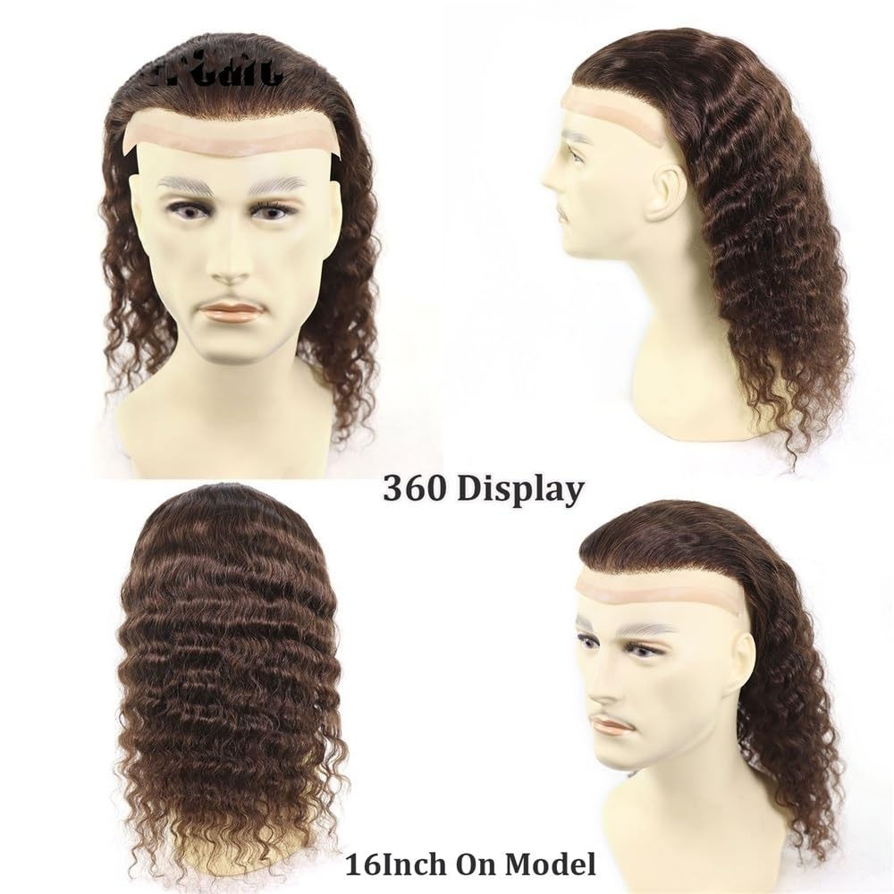 Mens Wig Sistemi di toupet da uomo con pizzo frontale in PU intorno alla base, 12, 14, 16 pollici, capelli umani ricci, n. 4, castano medio Toupee for Men(16 inches)