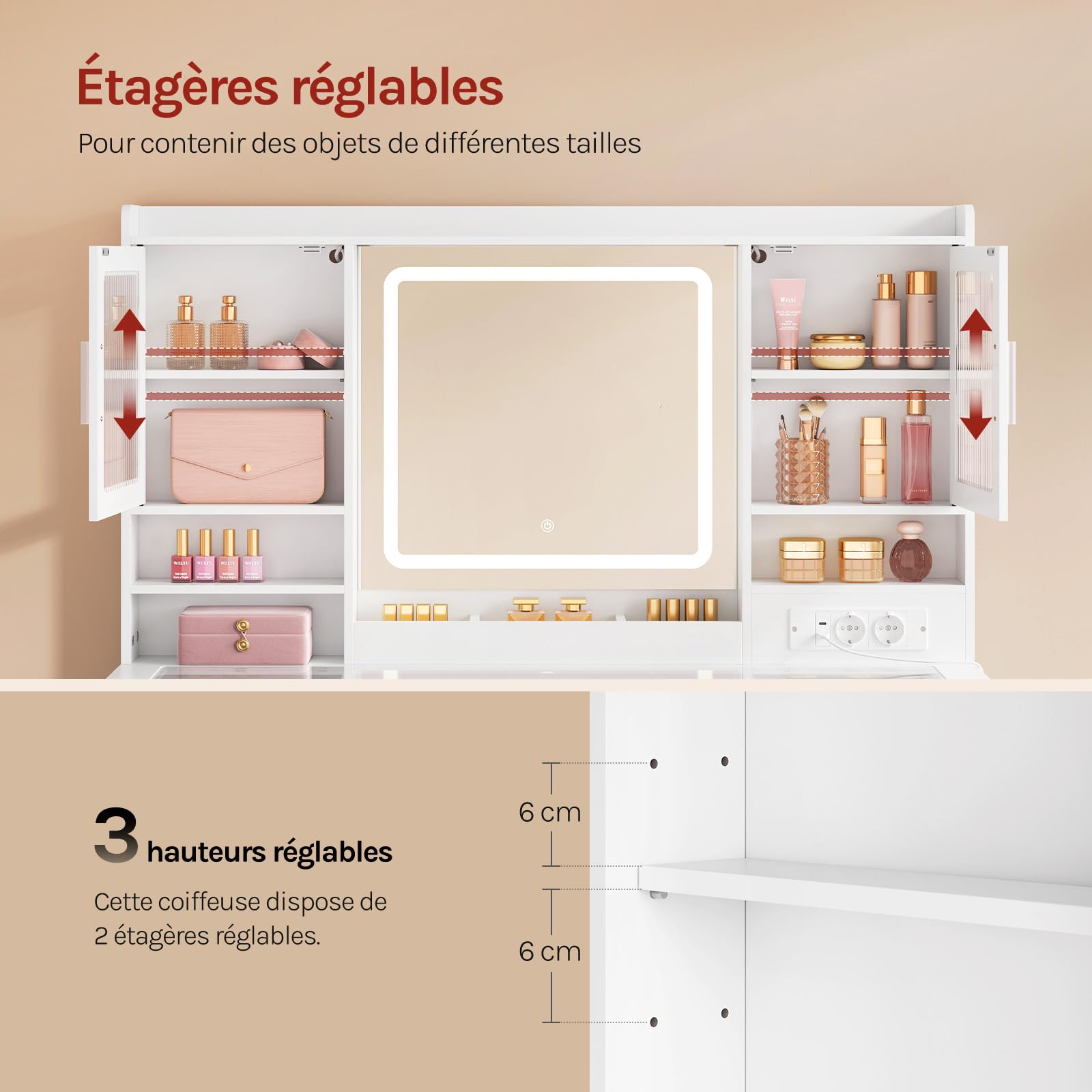 WOLTU Coiffeuse avec Miroir LED Réglable et Éclairage RGB, Grande Coiffeuse avec Plateau en Verre, 9 Tiroirs, Prise de Courant, 2 Placards avec Portes, Table de Maquillage Moderne pour Chambre, Blanc