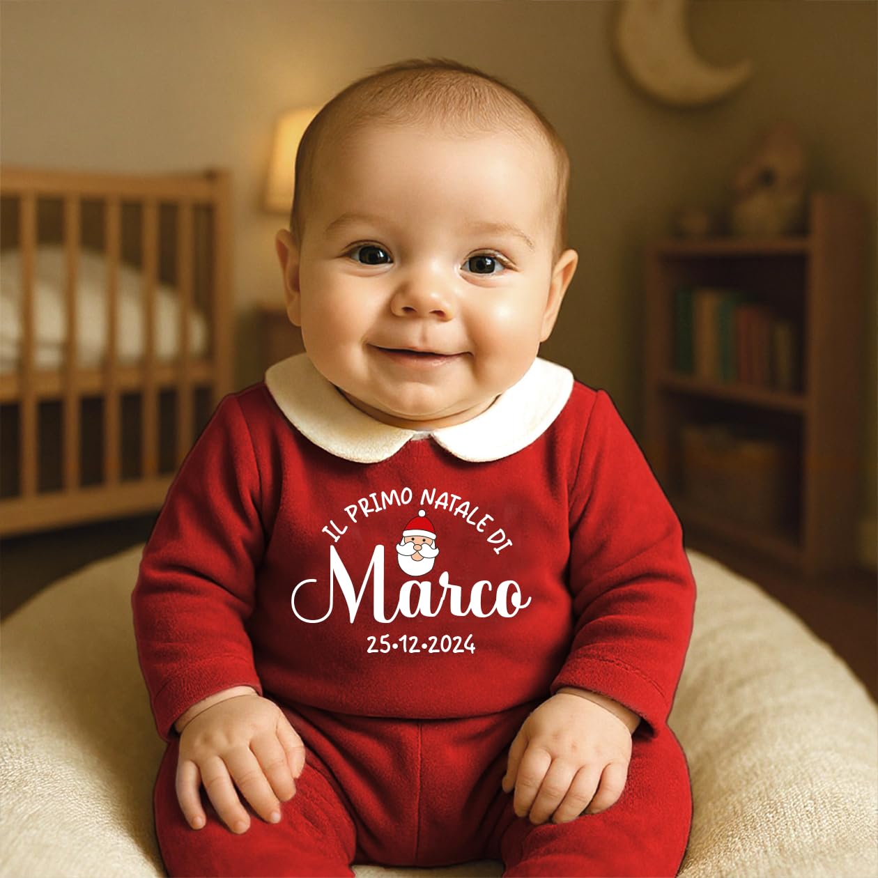 Generico ''Primo Natale'' Tutina Natalizia in Ciniglia Rossa per Neonato con Colletto Bianco e Scritta e nome personalizzato Pagliaccetto Festivo per Prima Infanzia idea regalo natale nascita