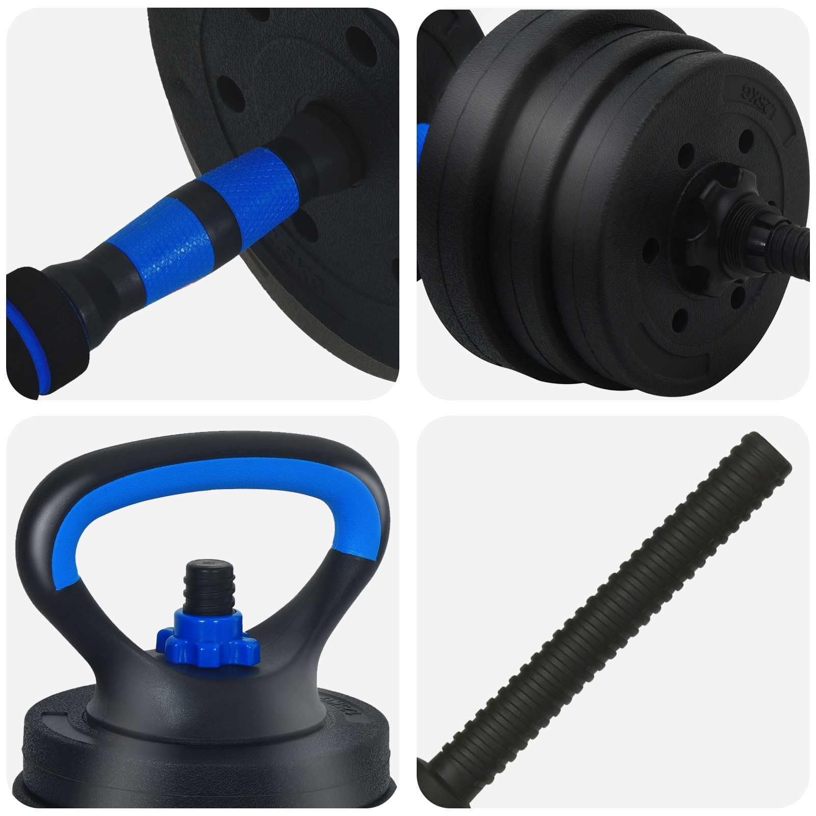 vidaXL Set di manubri, bilanciere e Kettlebell 4-in-1 20 kg Nero e Blu, Attrezzatura da casa, manubri Regolabili, Pesi per Allenamento, Fitness Indoor, Strumenti e Attrezzi salvaspazio