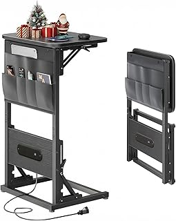 HLDIRECT C Shaped End Table with Charging Station, Couch Side Table with Storage Bag, Foldable TV Tray with 2 USB Ports and Outlets for Living Room, Bedroom, Black