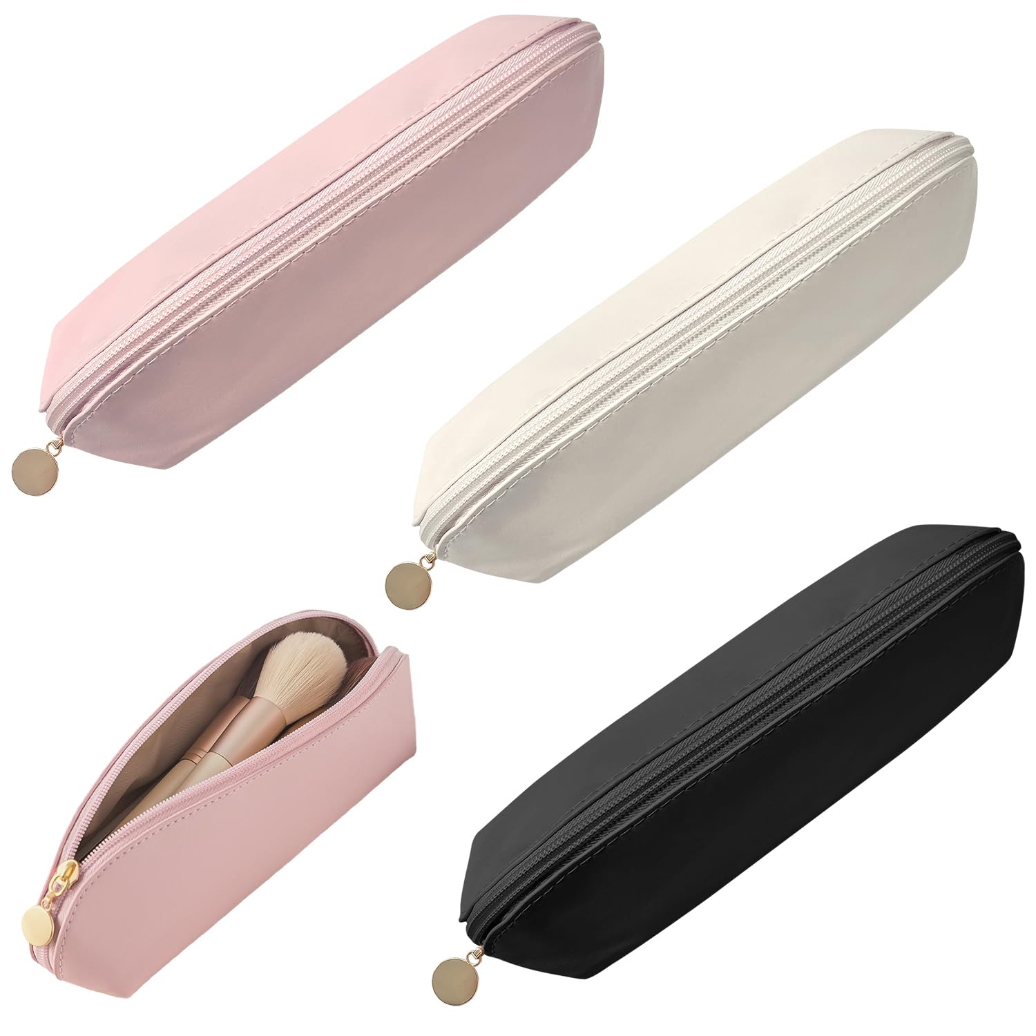 VLYX 3 PCS Makeup Brush Travel Bag Large PU Leather, Waterproof Cosmetic Organizer Zipper Pouch