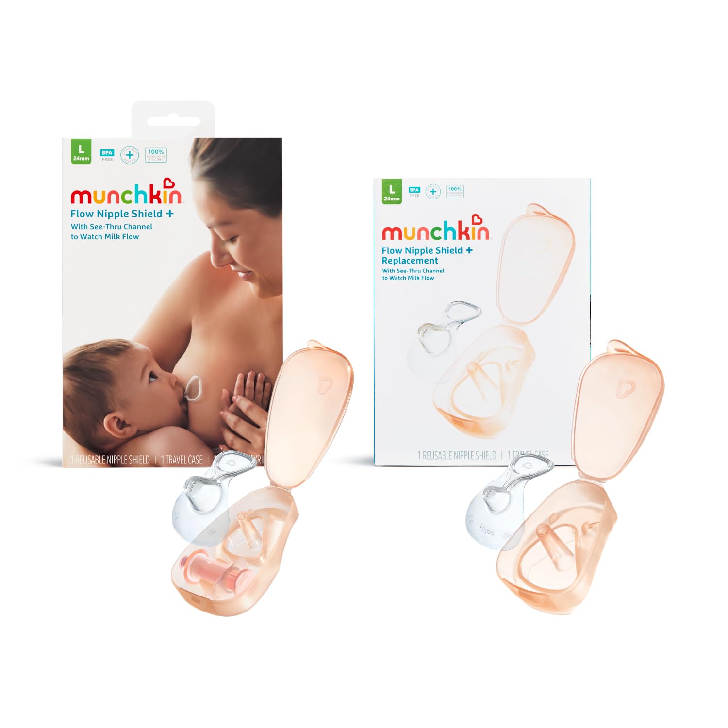 Munchkin Flow 24mm Nipple Shield+ 2 Pack| Nipple Shield+ and Replacement Kit | See Your Milk Flow While You Breastfeed | Breast Feeding & Baby Essentials | Duo Set