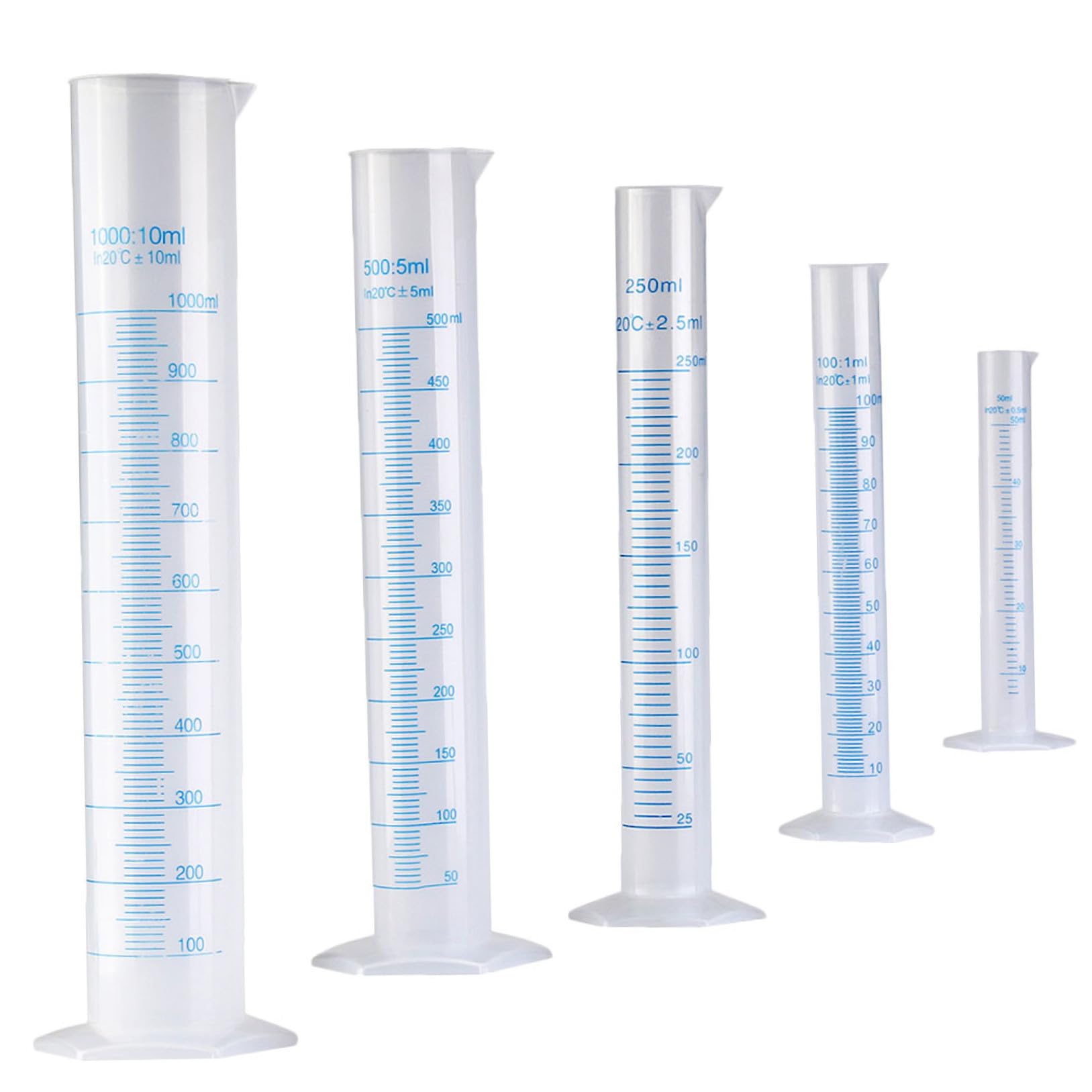 Cilindri Graduati in Plastica Professionale 5 Pezzi (50-1000 Ml) Base Esagonale e Beccuccio Conico Per Misurazione Liquidi Scuole Laboratori Casa