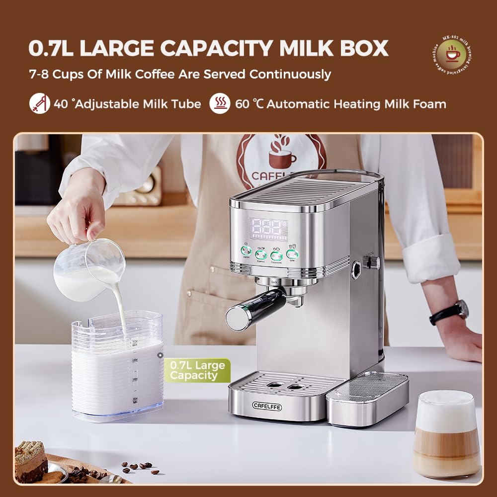 CAFELFFE MK-801 20 Bar Espressomaschine & Dual Boiler Kaffeemaschine mit Auto Milchaufschäumer für Cappuccino & Latte & Espresso, PID Temperaturregelung & Selbstreinigung, Edelstahl