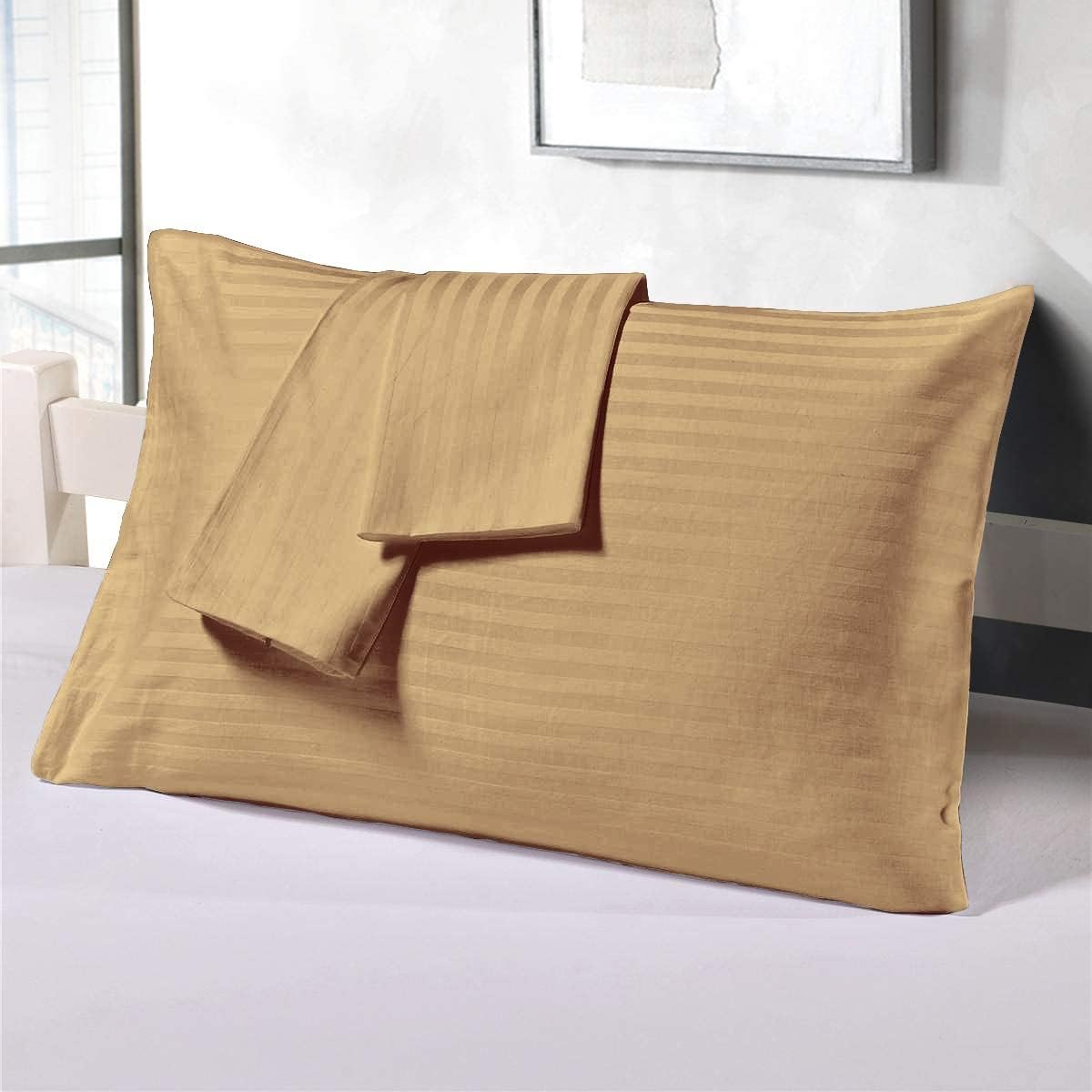 600 Thread Count- Cotton Pillow Cover Set of 2 PC- Soft Satin Striped Pillow Covers- Breathable & Airy- 100% Cotton- Luxurious Pillow Cover-Taupe Stripe,Standard Size (12" x 12")